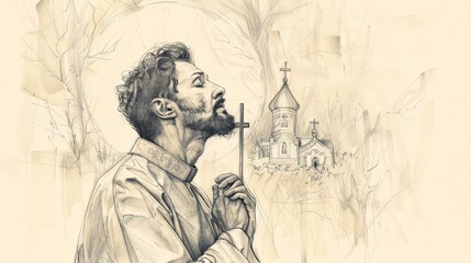 Biblical Illustration of Saint Valentine in deep prayer, holding a cross. Serene church setting, piety and dedication, peaceful and holy atmosphere. Beige Background, copyspace.