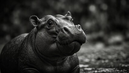 A monochrome image of a baby hippo gazing upward at the camera, displaying an open mouth.