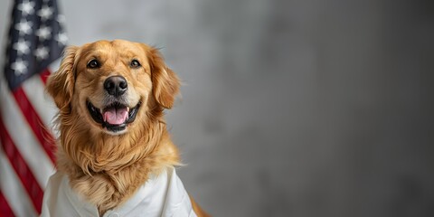 American holiday. Happy Labor Day. Background with a smiling dog in a medical gown. For banner, advertising