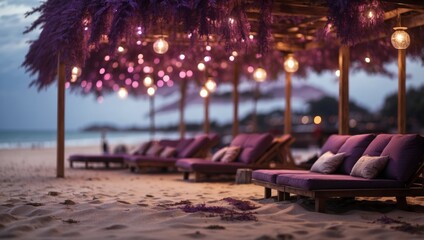 A cluster of lounges on a seaside beach beneath a violet canopy. - Powered by Adobe