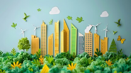Green city on blue sky paper cut background 