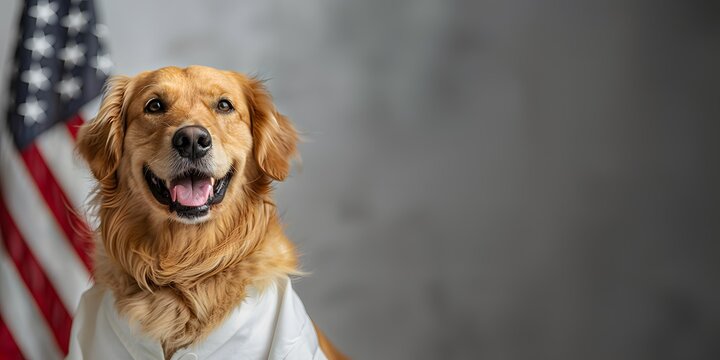 American holiday. Happy Labor Day. Background with a smiling dog in a medical gown. For banner, advertising