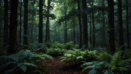 Fototapeta premium A verdant forest brimming with numerous leafy vegetation and towering trees lies adjacent.