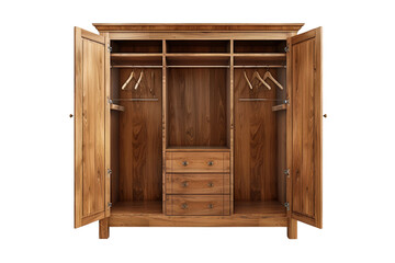 Isolated on white background, a freestanding wardrobe cabinet with hanging rods and drawers, offering a stylish and practical solution for bedroom storage