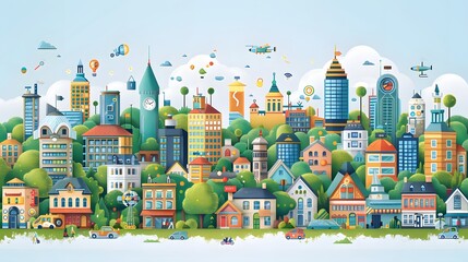 Green city on blue sky background 