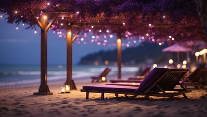 A cluster of lounges on a seaside beach beneath a violet canopy.