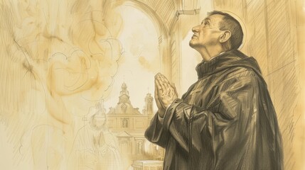 Fototapeta premium Biblical Illustration of Saint Thomas Aquinas in deep prayer, holding a cross. Serene church setting, piety and scholarly dedication, peaceful and holy atmosphere. Beige Background, copyspace.