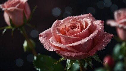A macro shot of a pink rose with water beads adorning its petals and a single droplet.