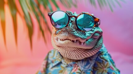 Cool dressed-up lizard wearing sunglasses and a floral shirt, under tropical palm leaves with a vibrant pink and orange background.