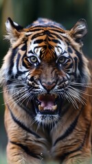 Fototapeta premium Ferocious Tiger s Snarling Expression Captures Predatory Dominance in Nature