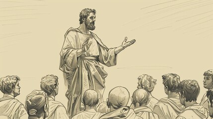 Biblical Illustration of Saint Agnellus of Pisa preaching to a crowd, reflecting his role as a missionary and leader. Simple attire, determined expression, attentive listeners. 