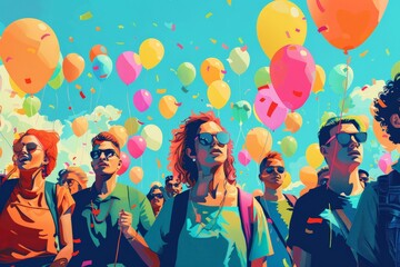 Vector style artwork of a group of non-binary individuals at a Pride march, advocating for visibility and acceptance with minimalistic design elements and a bright color palette