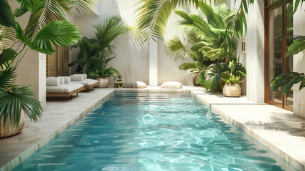 Obraz premium an indoor pool in the middle, white walls with lots of plants and palm trees, beige outdoor furniture