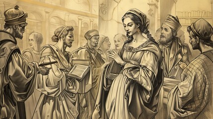 Saint Catherine of Vadstena Leading Convent in Prayer, Traditional Monastic Attire, Biblical Illustration, Beige Background, Copyspace