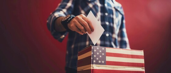 Person Voting with American Flag Ballot Box.