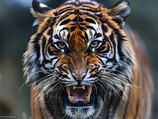 Fototapeta premium Close Up of a Fierce Snarling Tiger Showcasing Its Powerful and Dominant Presence