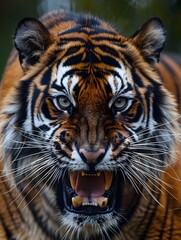 Obraz premium Captivating Close up Portrait of a Ferocious Tiger s Snarling Face Showcasing Its Formidable