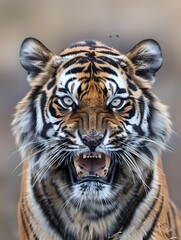Fototapeta premium Captivating Close Up Photograph of a Ferocious Tiger s Snarling Face Showcasing Its Formidable