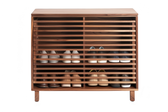 Isolated on white background, a minimalist shoe cabinet with slatted doors and a simple design, providing a clean and organized solution for footwear storage