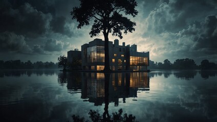 Reflecting building in water with a tree and cloud backdrop.