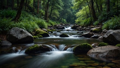 Fototapeta premium A lush green forest stream flows through an abundance of rocks, while a plethora of trees fill the forest.
