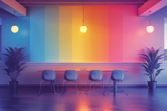 Vector artwork of a corporate office with a dedicated safe space for LGBTQ+ employees, promoting acceptance and inclusivity with clean, minimalistic lines and a vibrant color palette