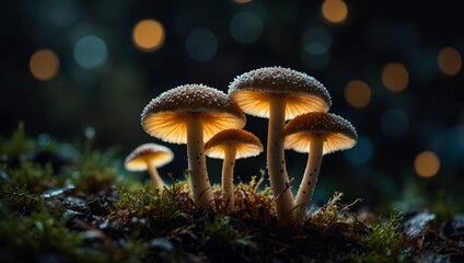 Fototapeta premium A cluster of fungi arranged on a dark background, illuminated by a soft source of light.