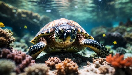 Fototapeta premium A close-up of a sea turtle on a coral reef surrounded by other corals and marine life.