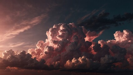 A sky full of numerous clouds, with a pink hue centered among them, and the sun positioned at their center.
