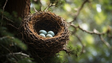 Bird's nest in tree with bird's nest in center.