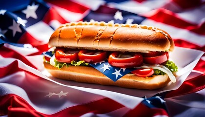 classic american hotdog with patriotic flag Celebrating Independence day on 4th July with an American stars and stripes flag in the background, Generative AI
