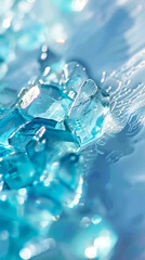 Light blue background, white water ripples and splashes, closeup of light ice blue crystal