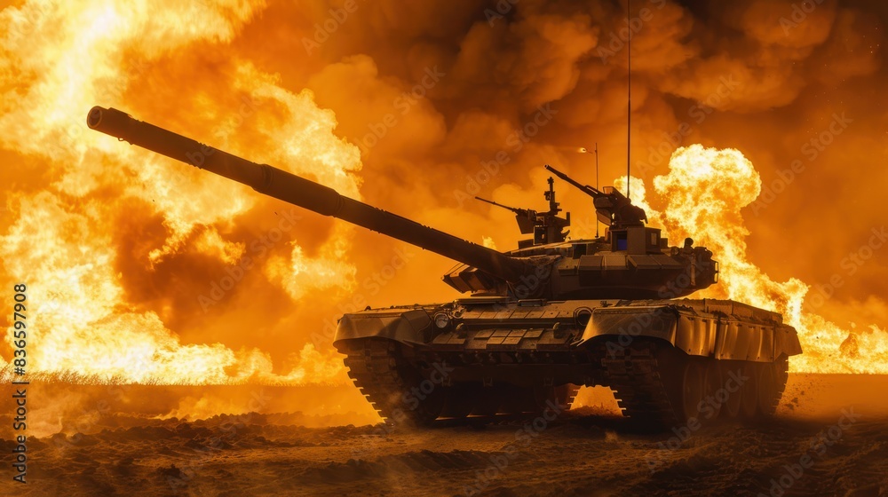 Wall mural clear image of a tank standing in front of a large fire