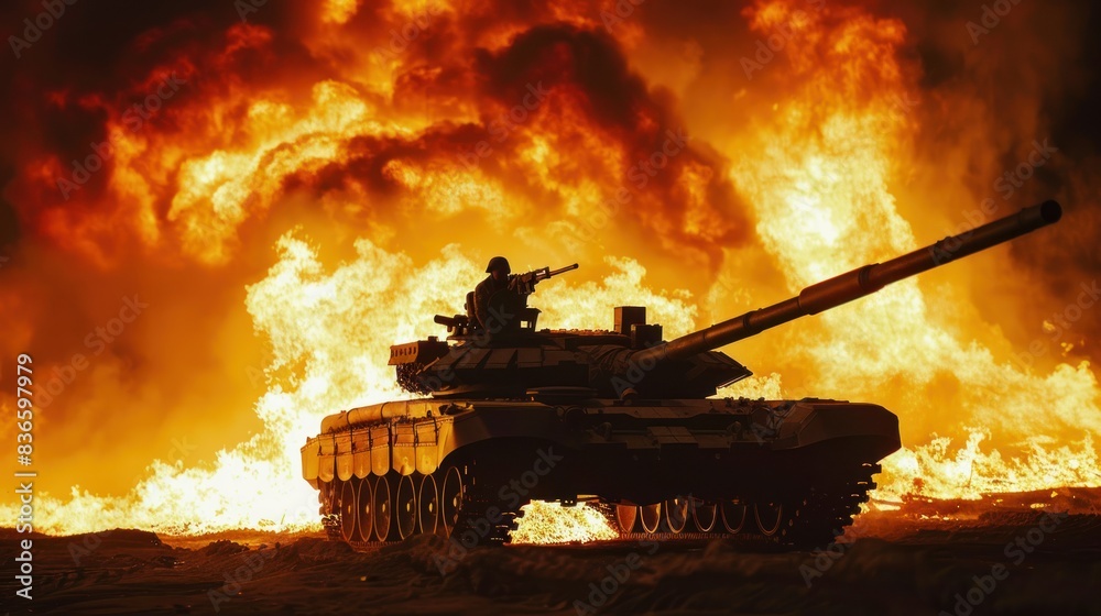 Poster clear image of a tank standing in front of a large fire