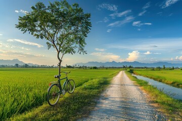 Obraz premium Bicycle on a background of a tree and a green field. Colorful landscape isolated. Without a person