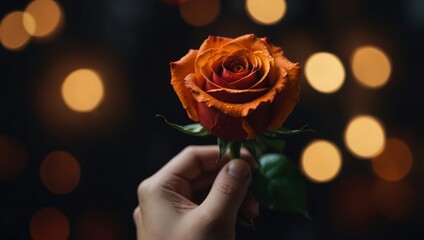 A close-up of a person holding an orange and red rose in their left hand.