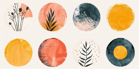 Abstract Shapes in Orange Blush, Yellow, Dusty Pink, and Light Dusty Teal with Bold Strokes, Soft Washes, and Naive Charm Feminine Sticker Art Phoenician Influence and Simple Sun and Flower Doodles