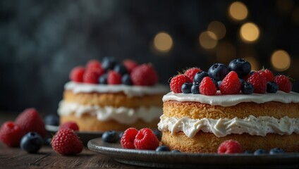 Table topped with cakes covered in frosting and topped with raspberries, blueberries and...