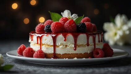 A white plate holds a cake smothered in raspberries and adorned with a flower.
