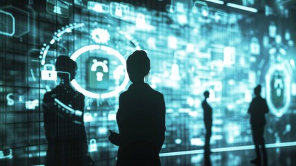 Digital Security Silhouetted Figures Engaging with Lock Icons in HighResolution Image