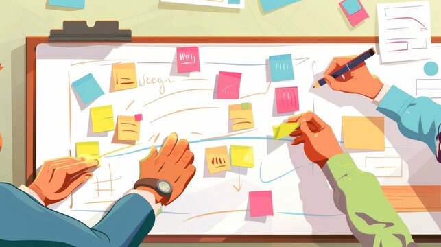 Creative Collaboration Team Brainstorming with Colorful Sticky Notes on Whiteboard