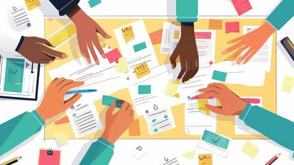 Creative Minds at Work Team Collaboration and Strategy Planning with Hands and Sticky Notes on Whiteboard Conceptual Business Meeting Image for Teamwork and Innovation