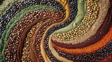 Spiraling multicolored coffee beans in abstract circular formation in modern brown and green palette