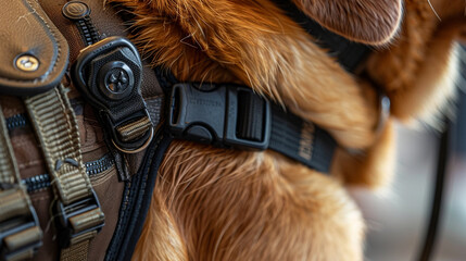 A close-up of a guide dogâs harness, showing the handle and attachment points.