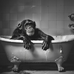 Chimpanzee in Bathtub, Black and White Wall Art