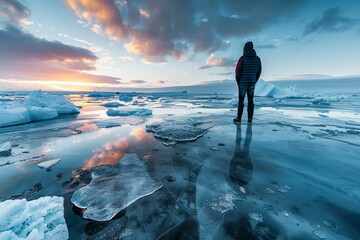 Man standing on ice with a sunset in the background, climate change issue background