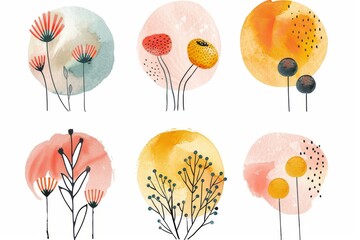 Abstract Shapes in Orange Blush, Yellow, Dusty Pink, and Light Dusty Teal with Bold Strokes, Soft Washes, and Naive Charm Feminine Sticker Art Phoenician Influence and Simple Sun and Flower Doodles