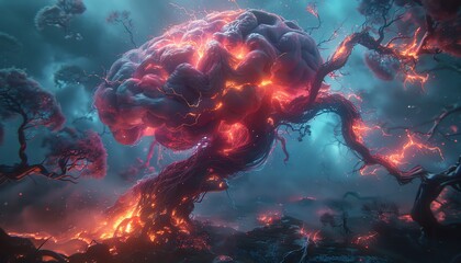 Surreal art depicting a fiery brain tree in a mystical forest.