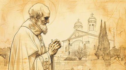 Biblical Illustration of Saint Ignatius of Antioch in deep prayer, holding a cross, serene church setting, piety and courage, beige background, copyspace
