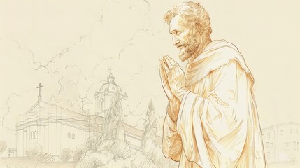 Naklejka premium Saint James the Less in Deep Prayer, Serene Church Background, Biblical Illustration on Beige Background